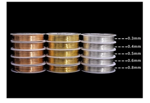 Vergleich von Schmuckdraht in Gold, Silber und Roségold in verschiedenen Stärken von 0,3mm