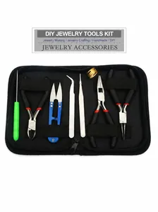 Detailed view of 8-piece DIY jewelry tool set with pliers and tweezers in black storage case