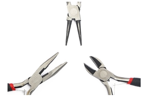 Détail de trois pinces de précision pour bijoux avec poignées ergonomiques antidérapantes