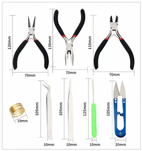 Detailed view of 8-piece DIY jewelry tool set with pliers, tweezers and measurements