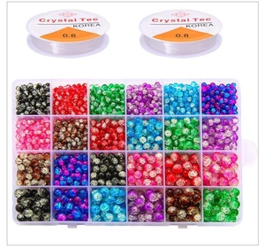 Kit de 24 cases avec perles en verre craquelé multicolores et fils élastiques de 0,8 mm