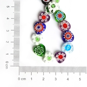 Colorful millefiori heart-shaped glass beads for DIY jewelry making with metric ruler scale
