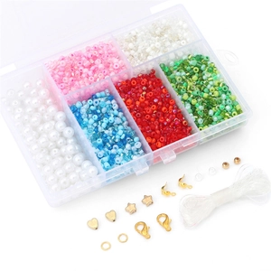 DIY bead jewelry kit with multi-colored pearls and seeds in a 6-grid transparent box