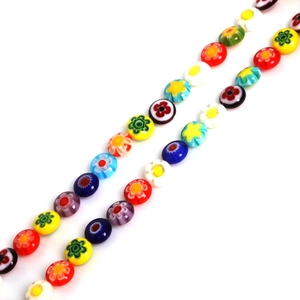 Flat round millefiori glass beads with colorful floral patterns for DIY jewelry making
