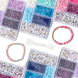 Detailed DIY bracelet kit featuring colorful 6mm clay beads and letter charms in a storage box