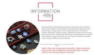 Macro detail of alloy cloisonne style beads with lotus and butterfly patterns for DIY jewelry