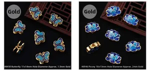 Detail of blue cloisonné butterfly and peony alloy charms with golden plating and dimensions