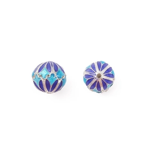 Pair of blue floral enamel cloisonné spacer beads with silver plating for DIY jewelry