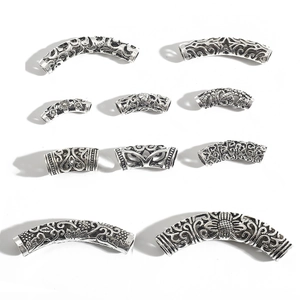Vintage silver alloy hollow tube beads with floral carvings for DIY jewelry making