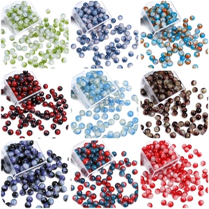 Macro display of 8/10mm cracked glass beads in nine colorful patterns for DIY jewelry