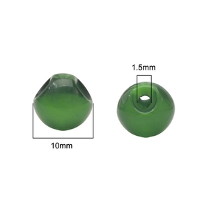 Detailed view of 10mm green resin cat eye beads with a 1.5mm hole for DIY jewelry making