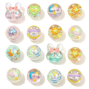 Cuentas Redondas de Acrílico Iridiscente Con Patrones de Estrella Luna Cuentas Sueltas Chapadas en AB Coloridas para Manualidades de Joyería DIY