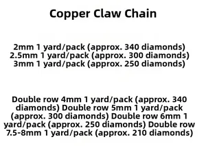 Size chart for copper claw rhinestone chains with single and double row specifications