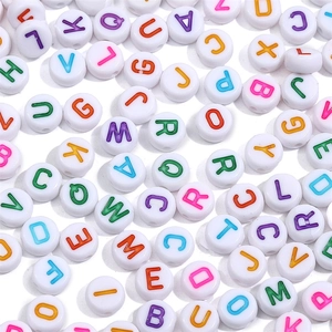 Flat round white acrylic beads with colorful alphabet letters for DIY jewelry making