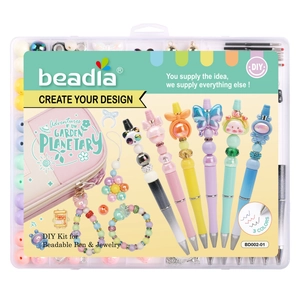Macro view of DIY bead kit with cartoon pen heads and colorful assorted jewelry beads
