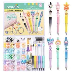 DIY Beadable Pen Kit Acrylic Cartoon Panda Heart Beads Colorful Tassels Jewelry Making Set For Kids Girls Creative Writing Stationery Gift