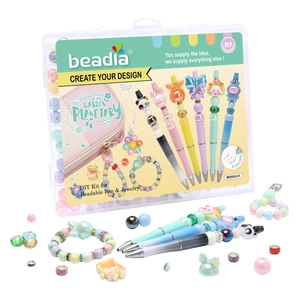 DIY beaded ballpoint pen and jewelry making kit with colorful beads in a storage box
