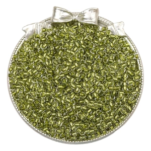 Olive green silver-lined glass seed beads for DIY jewelry making in a silver tray