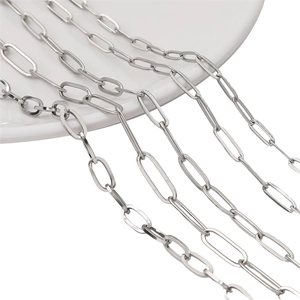 Polished stainless steel rectangle paperclip chain for DIY jewelry making on white dish