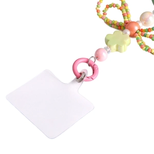 Handgefertigtes Perlen-Handyband mit grüner Blume und rosa Federring-Verschluss
