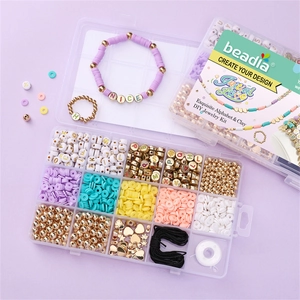 15-compartment DIY jewelry making kit with colorful clay beads and golden alphabet charms