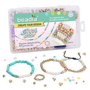 DIY jewelry kit with colorful clay beads and gold letter beads in a 15-grid storage box