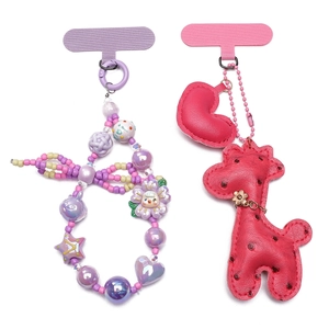 Oxford cloth phone lanyard pads with purple beaded strap and pink giraffe charm