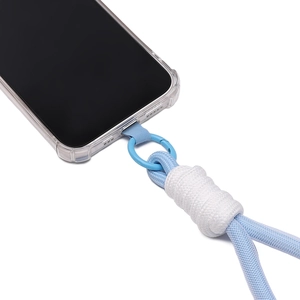 Detail of light blue braided phone lanyard with secure connector and durable velvet gasket