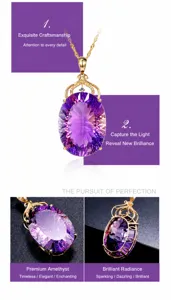 Macro detail of oval amethyst pendant with pavé diamonds on a twisted gold chain