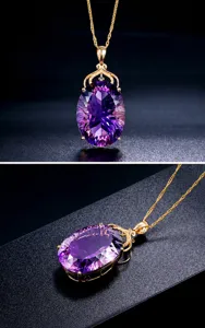 Detailed close-up showing front and side views of luxury purple amethyst pendant with gold chain