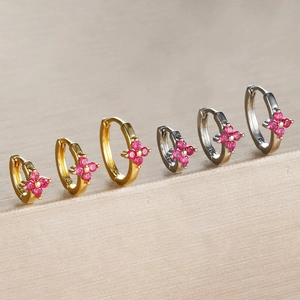 Rose Red Zirconia Flower Ear Hoops For Women Copper Electroplated Four-Petal Clover Huggie Earrings Jewelry Accessory