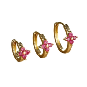 Three-piece gold hoop earrings set with pink zircon four-leaf clover floral design