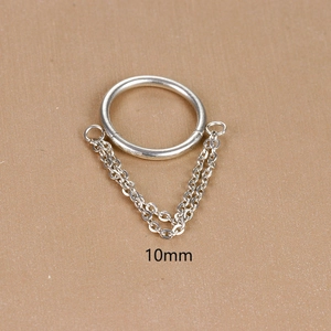 Detail shot of a 10mm silver stainless steel piercing ring with double chain tassels