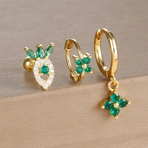 Three-piece clover and crown earring set in 18K gold with green and clear zircon stones