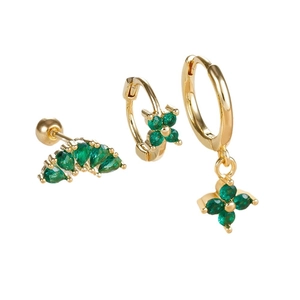 Three-piece gold-plated green gemstone clover earring set with pear-shaped stones and hoops