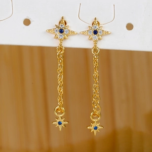 Elegant gold star tassel earrings with blue zircon stones and long stainless steel chains