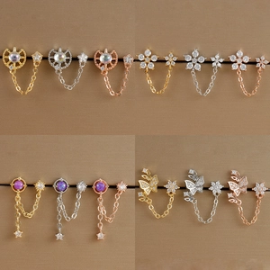 Boucles d'Oreilles Chaîne Double Piercing Acier Inoxydable Zirconia Fleur Lune Étoile Papillon Bijoux Pour Femmes