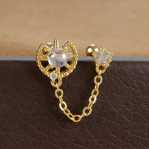 Boucle d'oreille dorée avec soleil, étoile, chaîne zircon et pierre opale