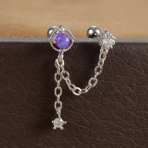 Boucle d'oreille double piercing en acier avec opale violette, zircon étoile et chaînes