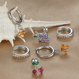 Three-piece set of clover zircon drop earrings and cute fruit studs in platinum finish