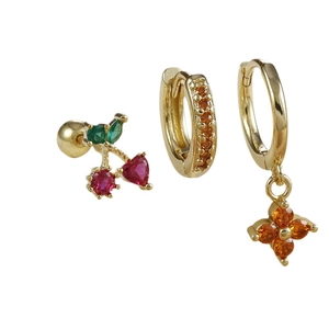 Three-piece gold plated earring set with clover, cherry, and zircon stone designs