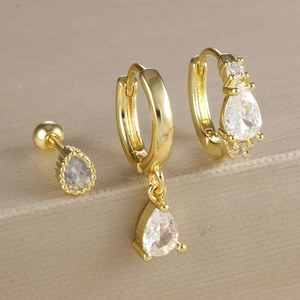 Boucles d'Oreilles Goutte d'Eau en Cuivre Zircone Strass Taille Poire Créoles Huggie et Puces pour Femmes Plaquées Or et Argent Bijoux
