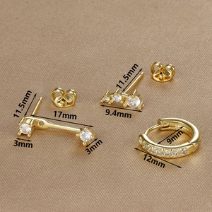 Especificaciones detalladas del tamaño de los pendientes dorados y set de circón