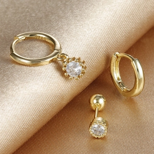 Set di tre orecchini eleganti in argento S925 placcato oro con zircone scintillante di lusso