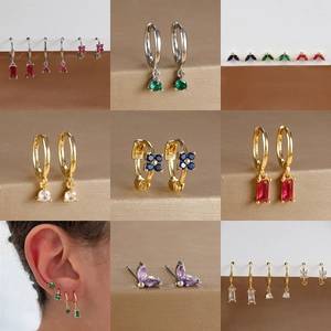 Luxurious gold-plated brass earrings set with colorful zircon floral and square designs