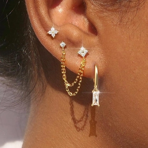 Lussuosi Orecchini a Bottone in Ottone Placcato Oro Geometrici Quadrati Zirconia con Catena a Nappa Fiore per Donna Gioielli Eleganti
