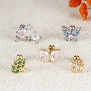 Sparkling zircon bow and butterfly cartilage stud earrings set in silver and gold finish