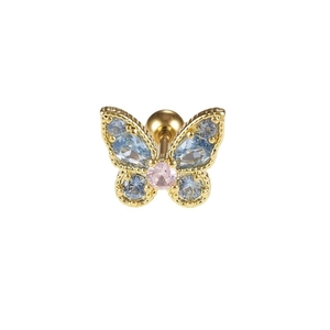 Elegant gold bow earrings with blue and pink zircon crystals and a ball screw back