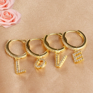 Gold plated LOVE letter drop earrings with micro-paved cubic zirconia crystals set