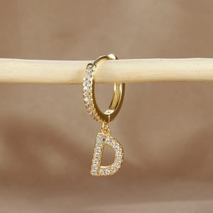 Macro shot of gold D-letter hoop earring with micro-pave zircons on a wooden stand